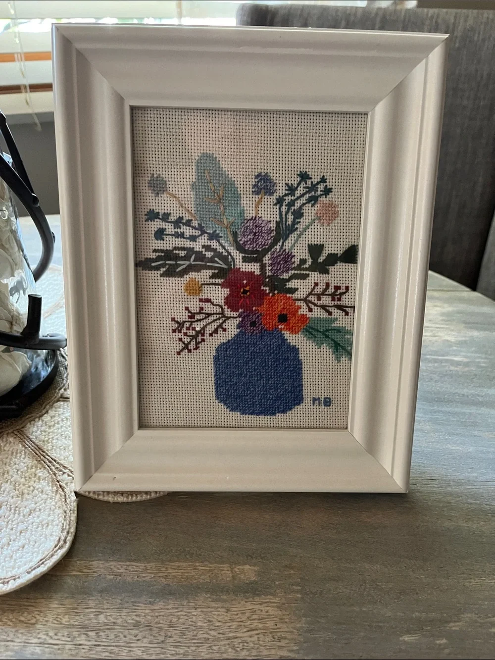 Handcrafted Blue Vase Cross-Stitch in White Frame